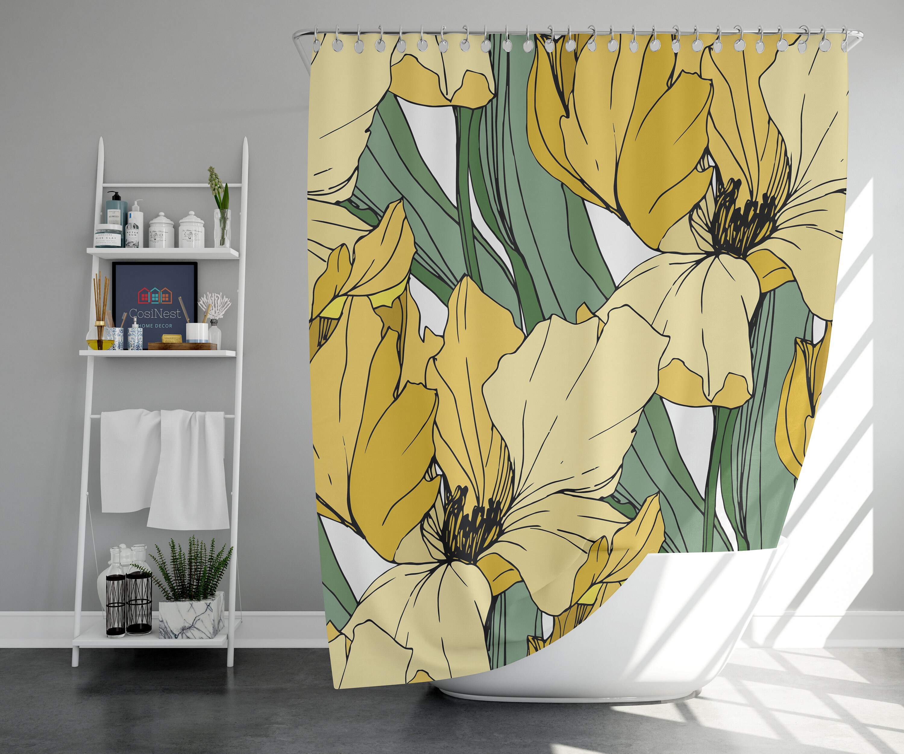 Yellow Iris Shower Curtain | Botanical Floral Green Leaves | Fabric Bathroom Curtain