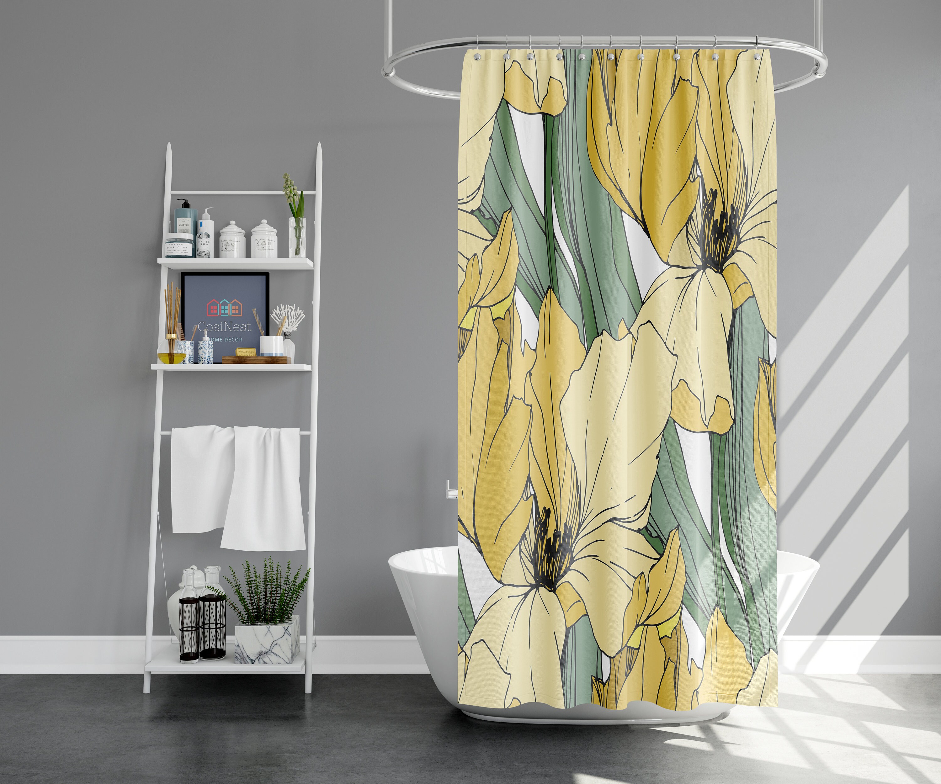 Yellow Iris Shower Curtain | Botanical Floral Green Leaves | Fabric Bathroom Curtain - Image 2