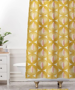 Yellow Mid Century Shower Curtain, Retro Geometric Bathroom Decor, Fabric Bath Curtain