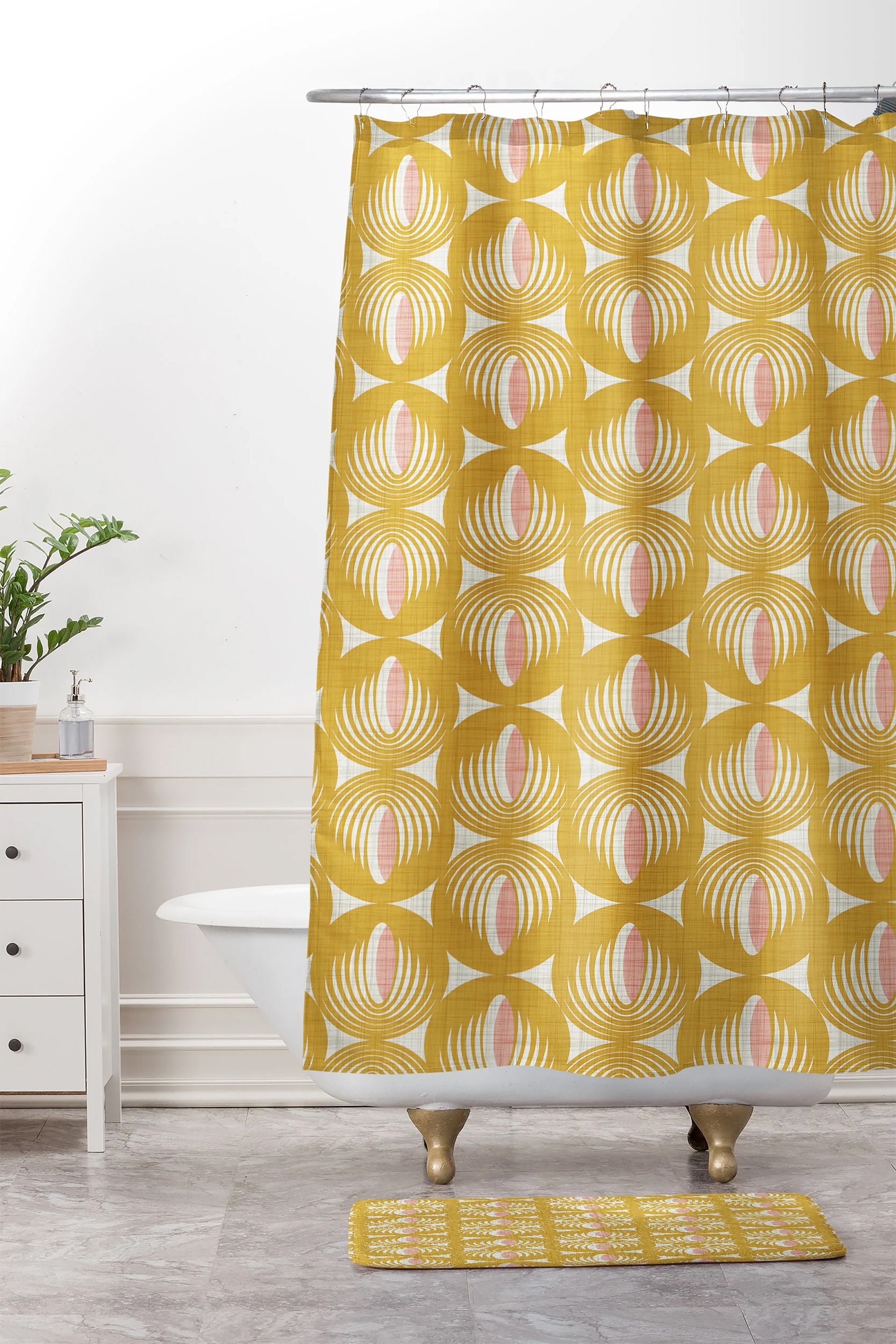 Yellow Mid Century Shower Curtain, Retro Geometric Bathroom Decor, Fabric Bath Curtain