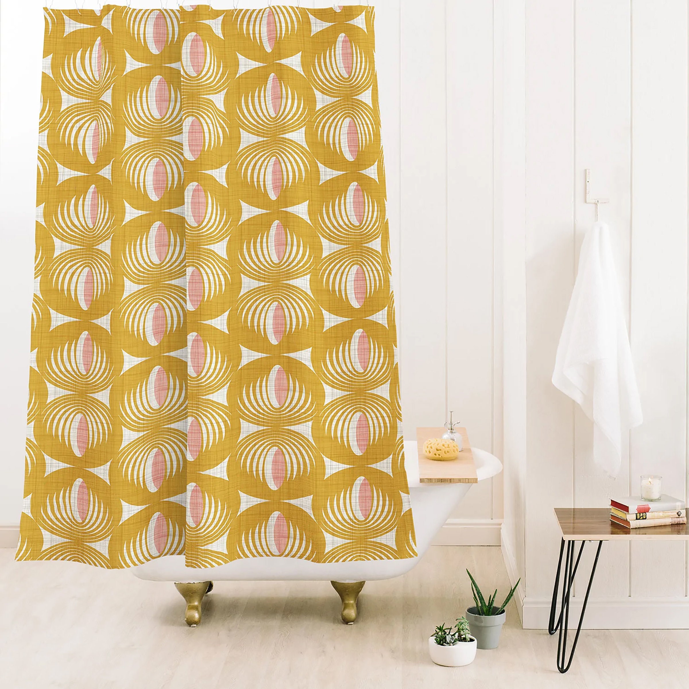 Yellow Mid Century Shower Curtain, Retro Geometric Bathroom Decor, Fabric Bath Curtain - Image 3