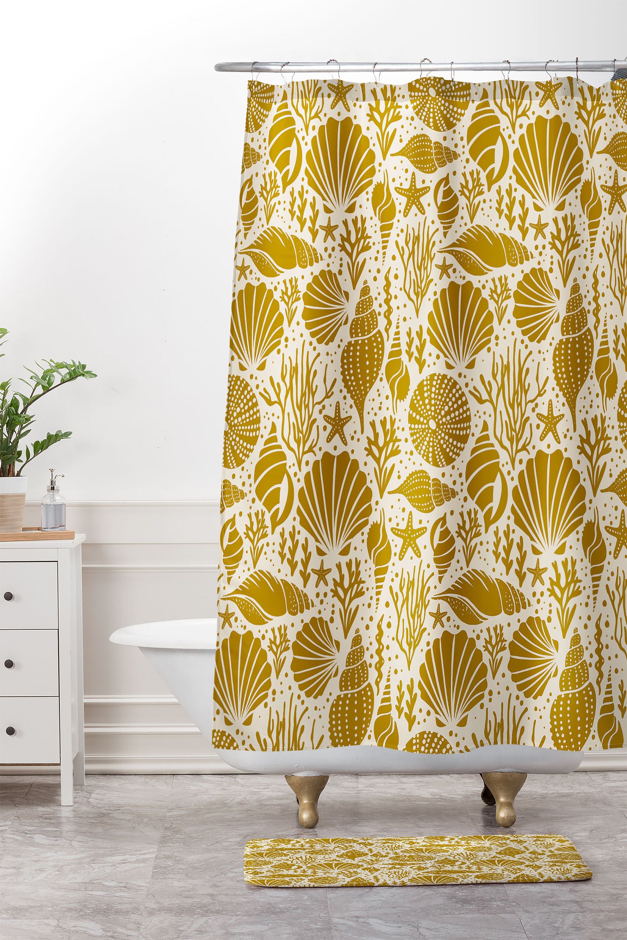 Yellow Nautical Shower Curtain with Sea Shell Design for a Beach House Bathroom - Image 2