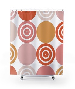 Yellow, Pale Pink, and Cream Retro Shwoer Curtain with Circle Accents for a Vintage Bathroom