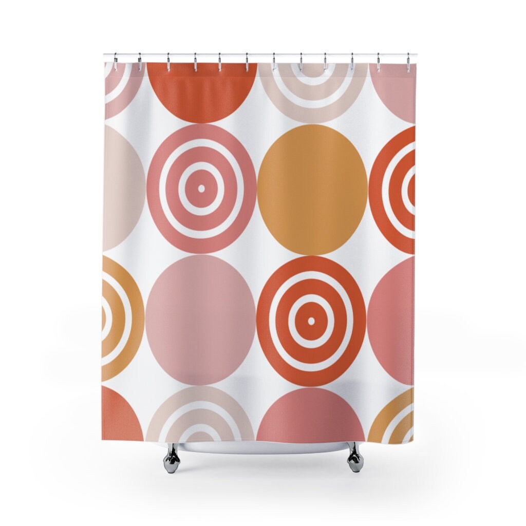 Yellow, Pale Pink, and Cream Retro Shwoer Curtain with Circle Accents for a Vintage Bathroom