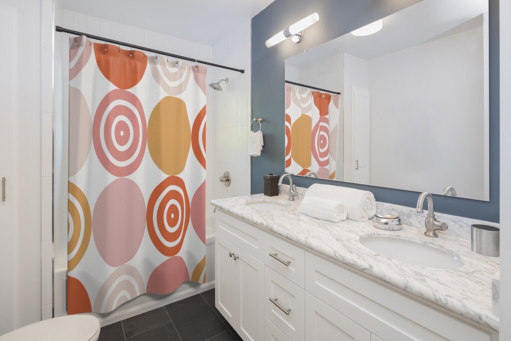 Yellow, Pale Pink, and Cream Retro Shwoer Curtain with Circle Accents for a Vintage Bathroom - Image 2
