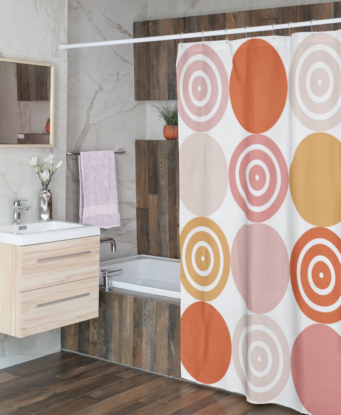 Yellow, Pale Pink, and Cream Retro Shwoer Curtain with Circle Accents for a Vintage Bathroom - Image 3