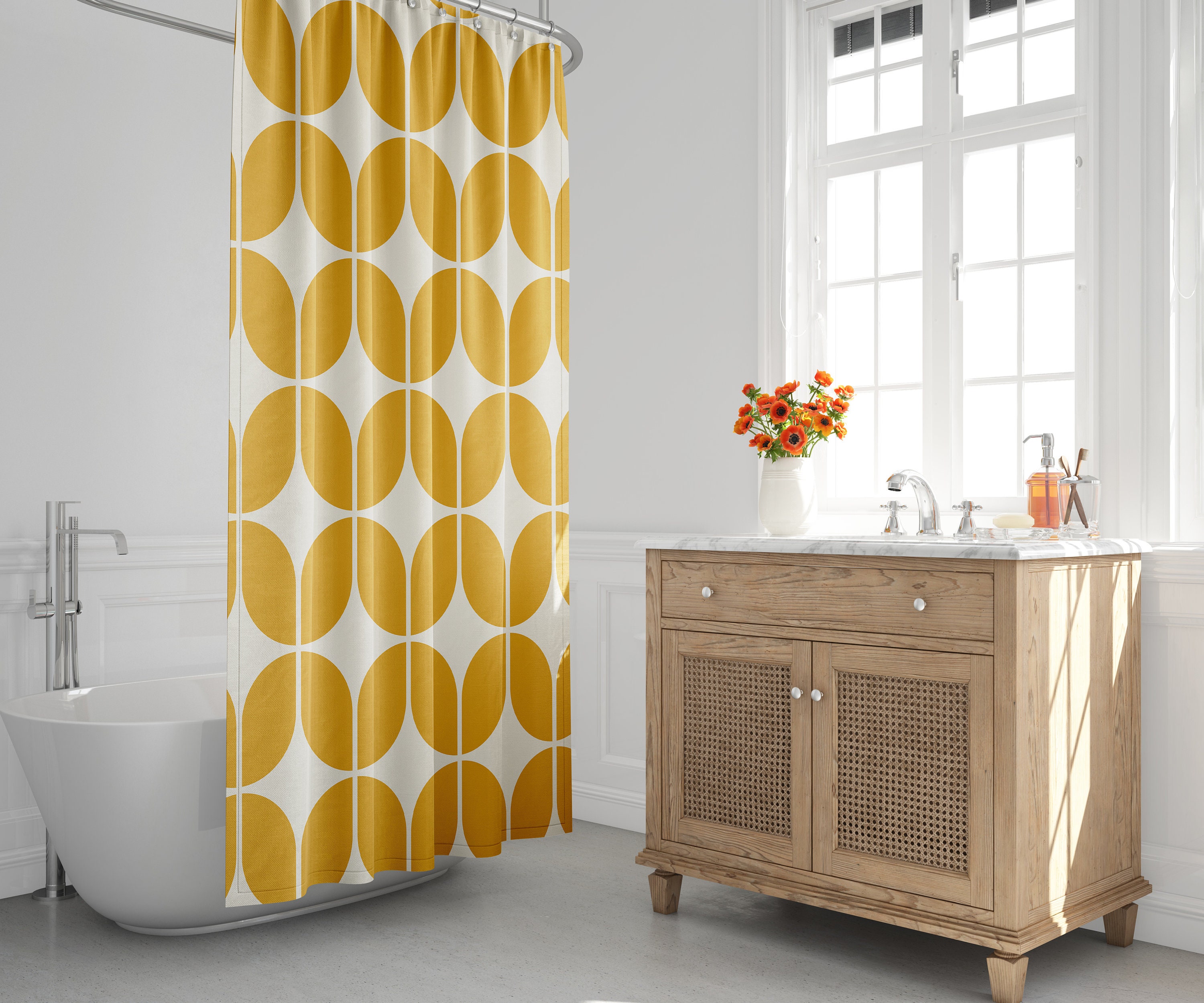 Yellow and Beige Minimalist Abstract Geometric Shower Curtain - Retro Bath Decor for the 1970s