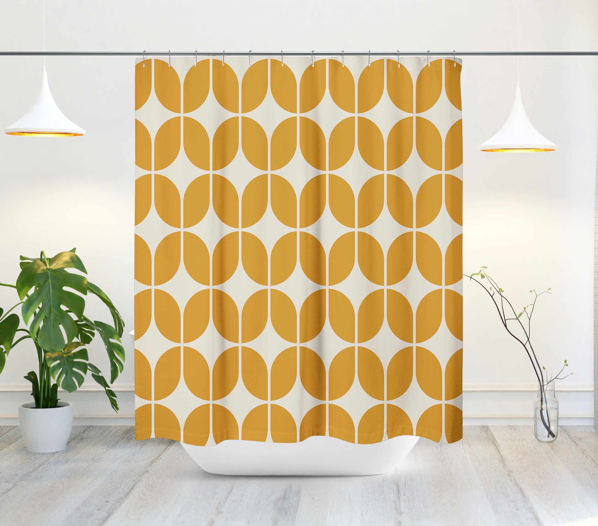 Yellow and Beige Minimalist Abstract Geometric Shower Curtain - Retro Bath Decor for the 1970s - Image 2
