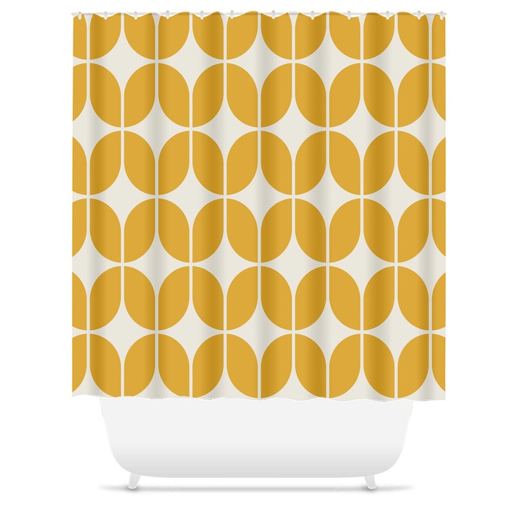 Yellow and Beige Minimalist Abstract Geometric Shower Curtain - Retro Bath Decor for the 1970s - Image 3