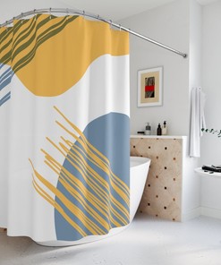 Yellow and Blue Circles Abstract Art Shower Curtain or Mat, Contemporary Minimalistic Curtain