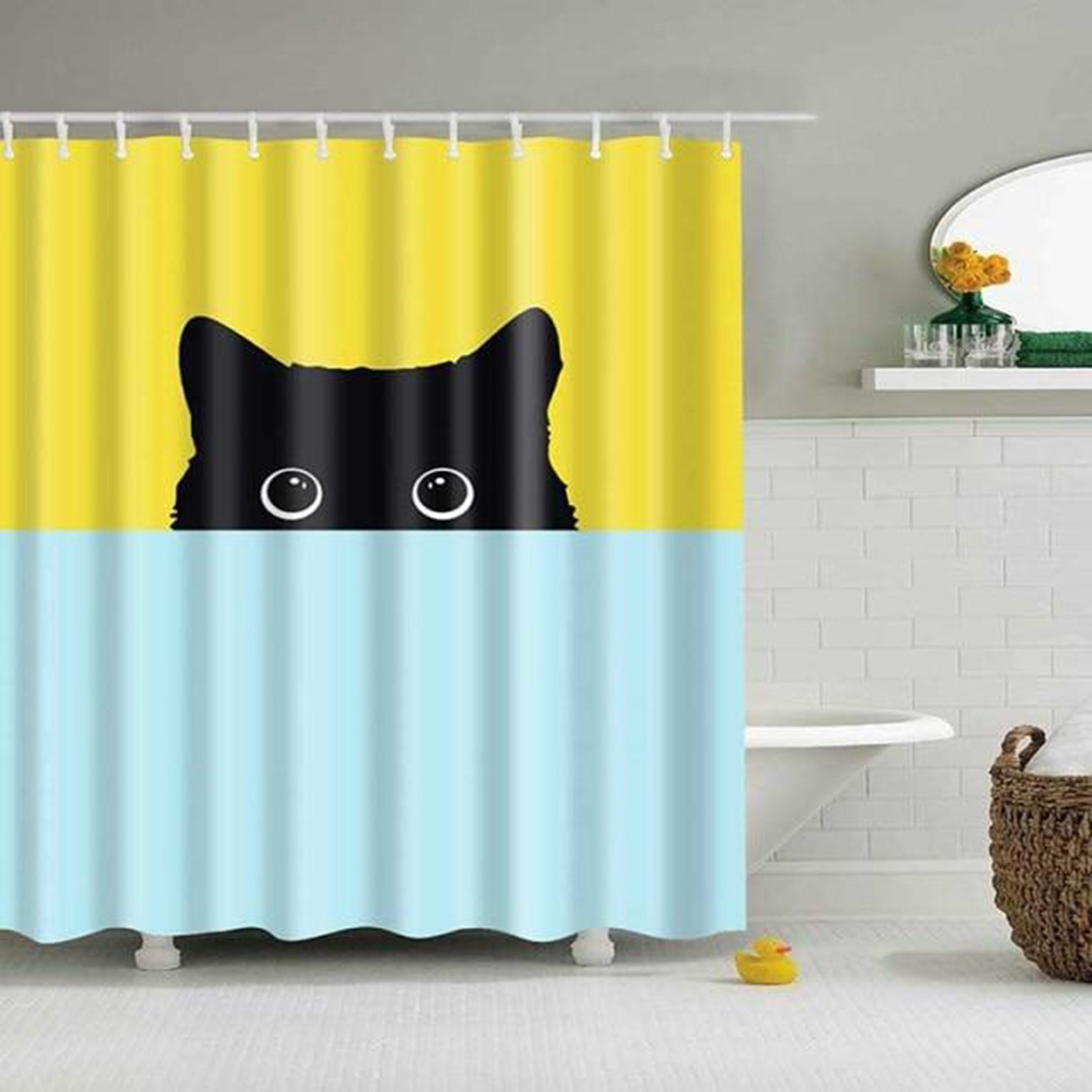 Yellow blue hiding cat pet animal Shower Curtain | Cute black Cat Japanese design | Fabric Bathroom Curtain