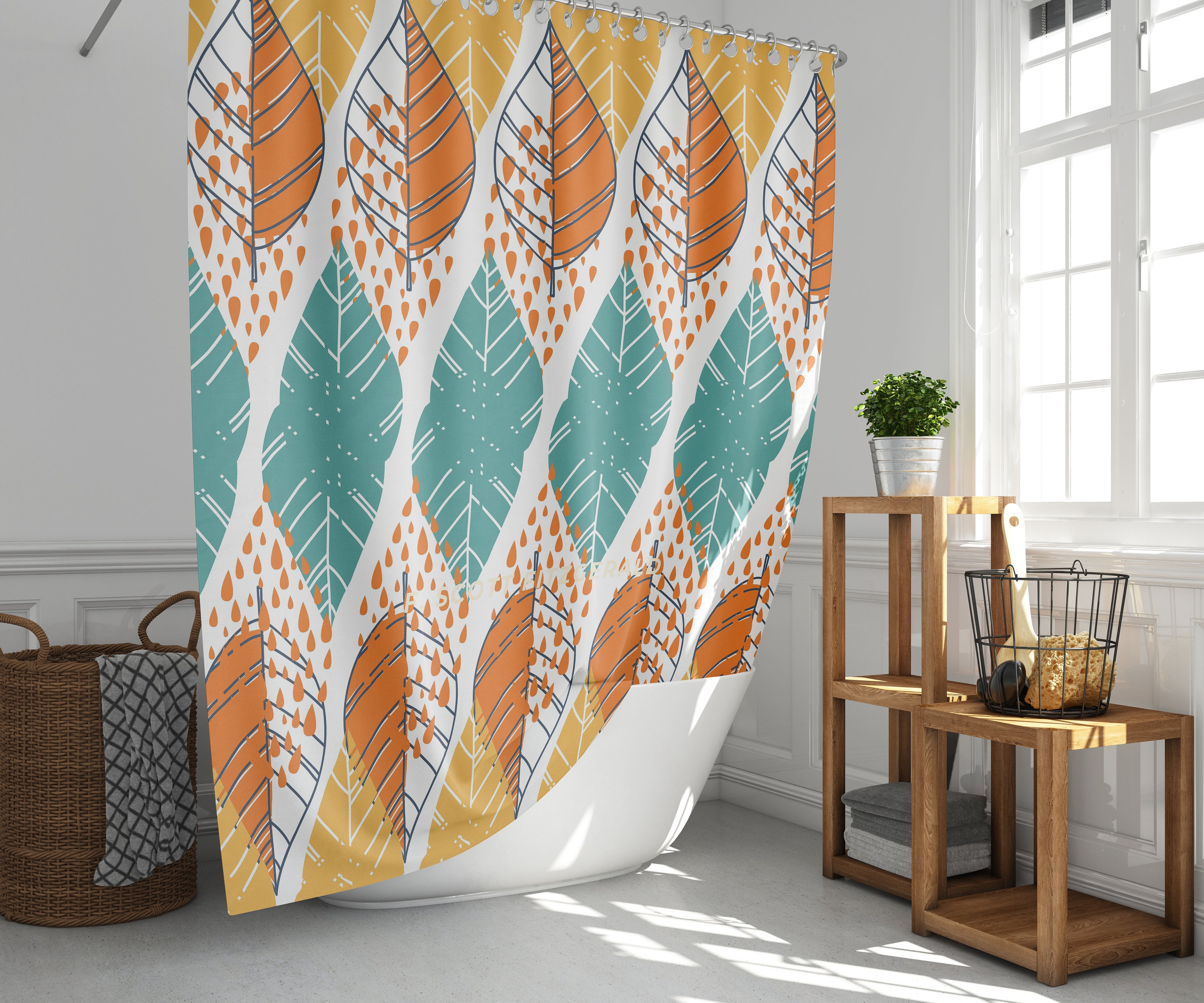 Yellow orange blue leaf fall autumn Shower Curtain Home bath decor | House warming gift
