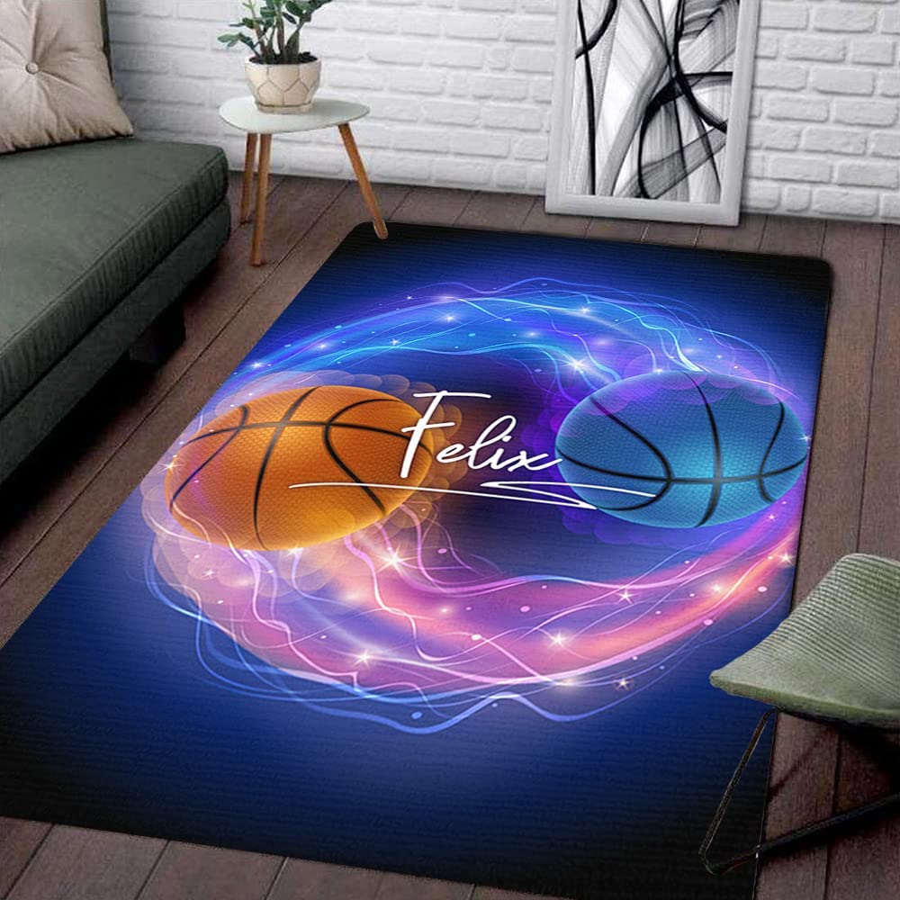 Yin Yang Basketball Rug with Personalized Name - Non-Slip Carpet for Boys Bedroom or Office Decor