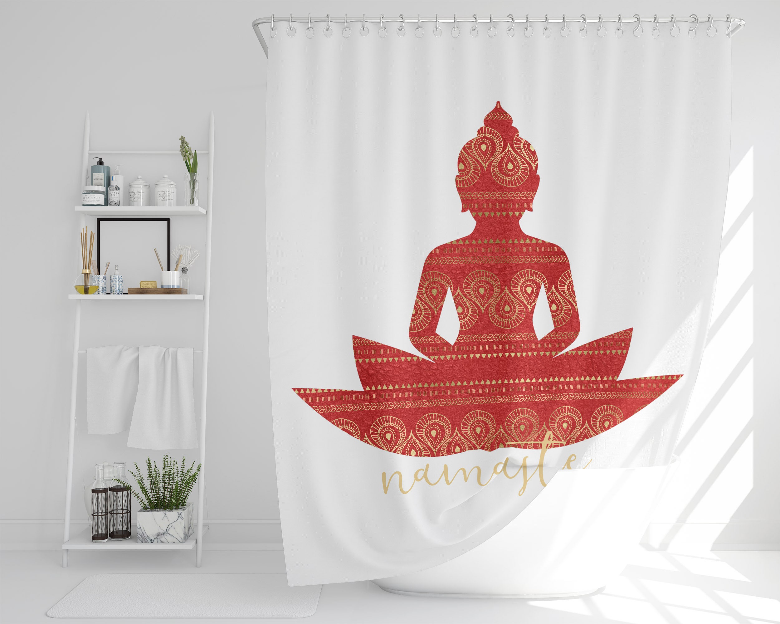 Yoga Inspired Boho Shower Curtain, Spiritual Mandala Bath Print, Bathroom Art
