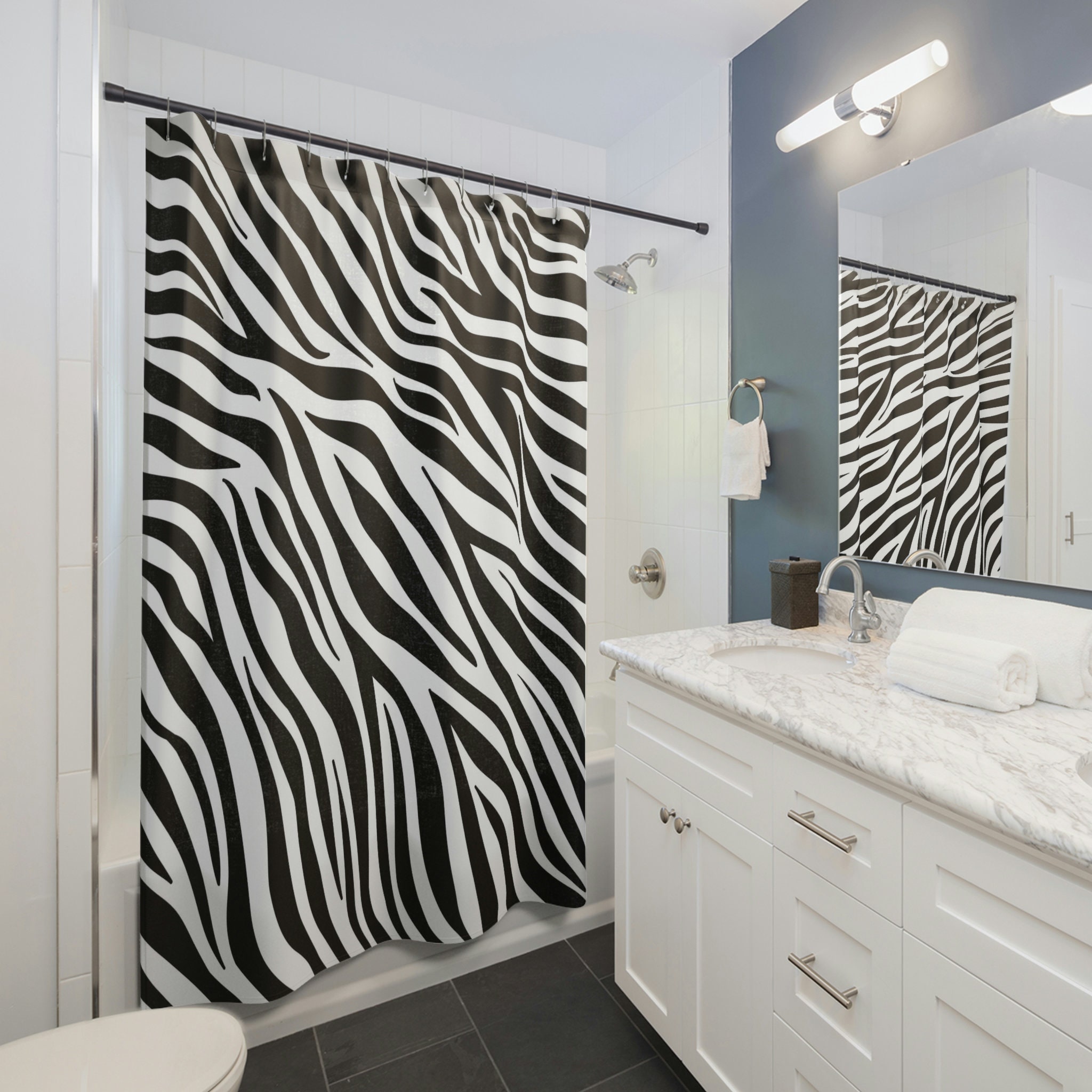 Zebra Print Shower Curtain | Black & White Animal Pattern Bathroom Decor | Luxury Shower Curtains