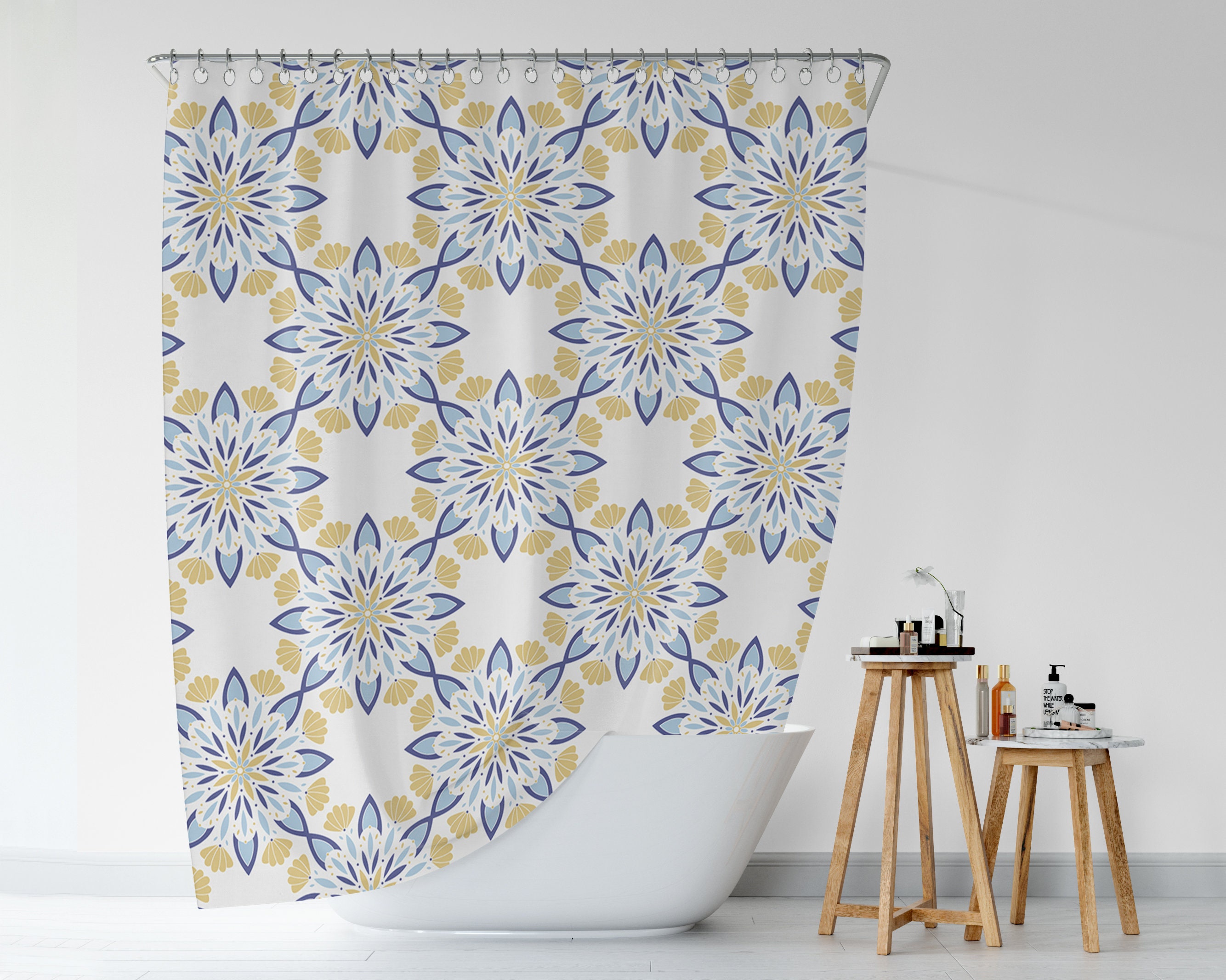 Zen Blue and Yellow Mandala Pattern Shower Curtain with Ethnic Bath Decor