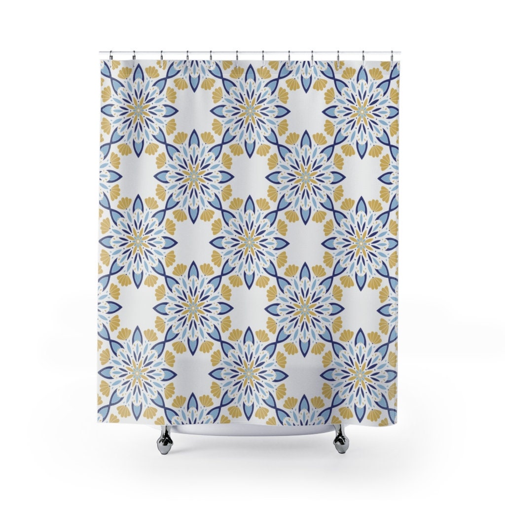 Zen Blue and Yellow Mandala Pattern Shower Curtain with Ethnic Bath Decor - Image 2