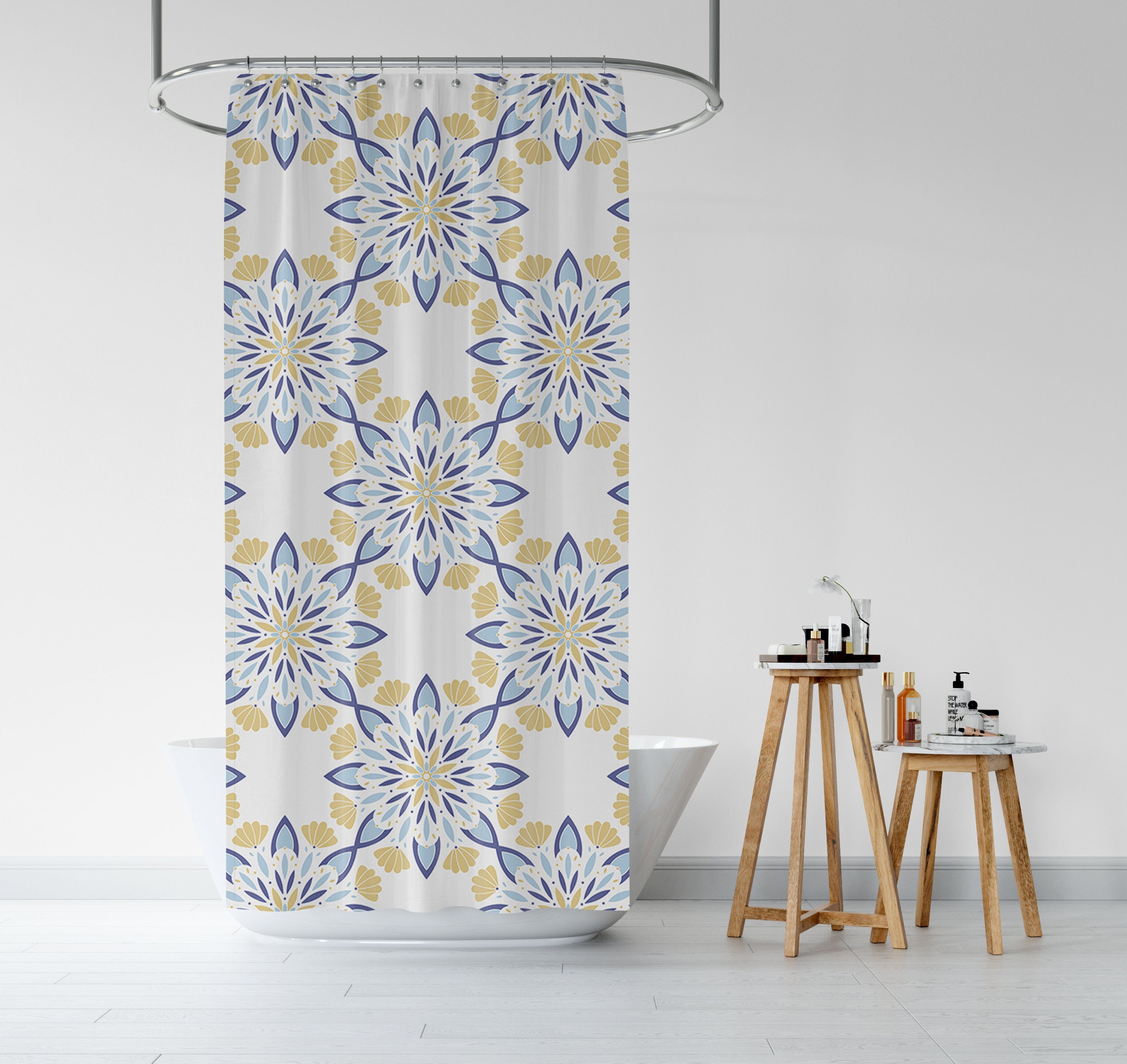 Zen Blue and Yellow Mandala Pattern Shower Curtain with Ethnic Bath Decor - Image 3
