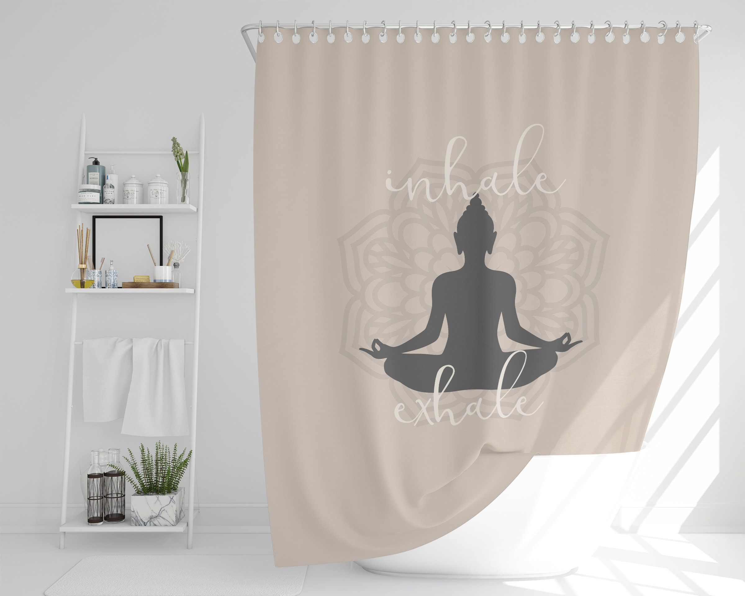Zen Spa Bathroom Shower Curtain with Inhale Exhale and Mandala Design for a Calm Bath Space