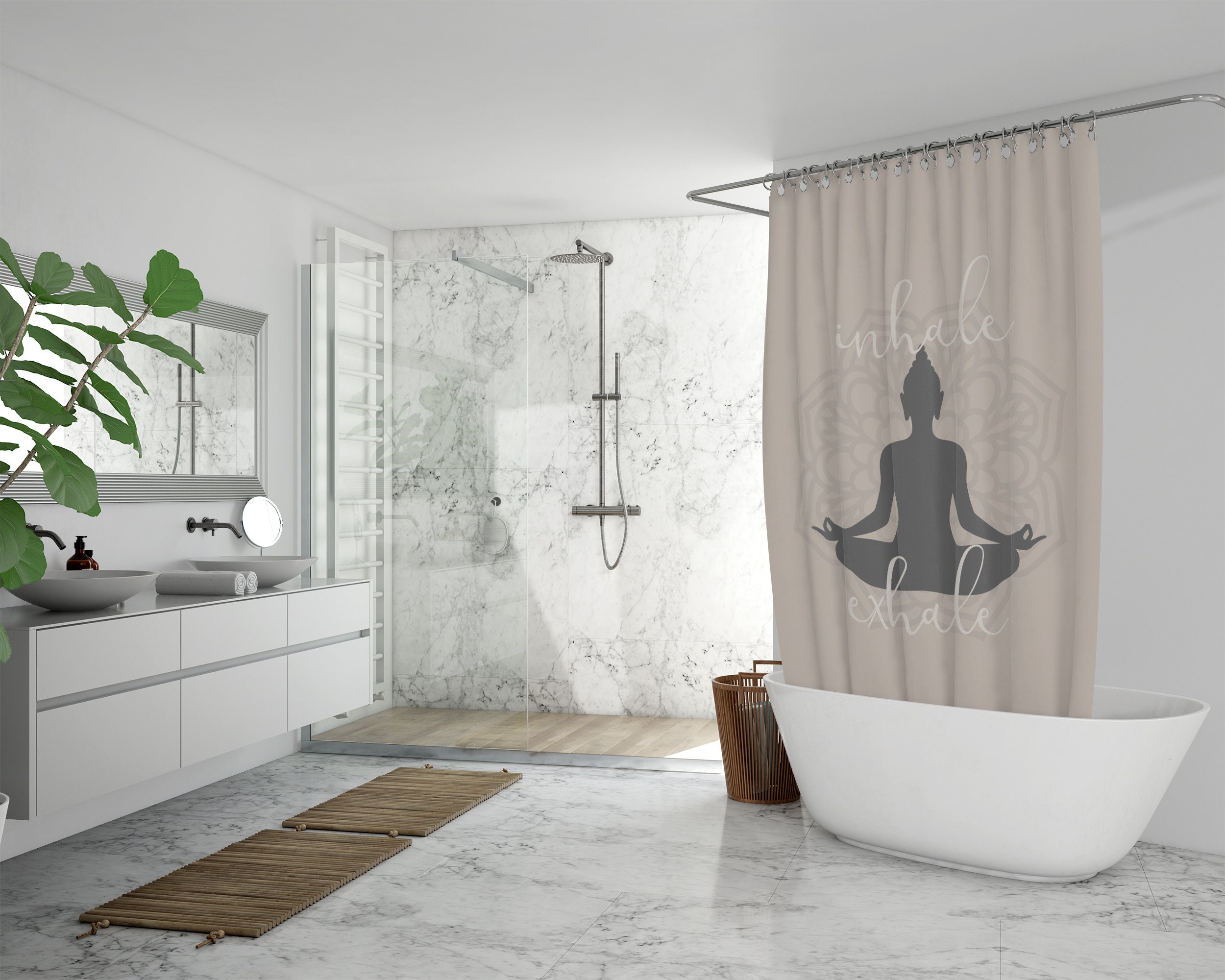 Zen Spa Bathroom Shower Curtain with Inhale Exhale and Mandala Design for a Calm Bath Space - Image 3