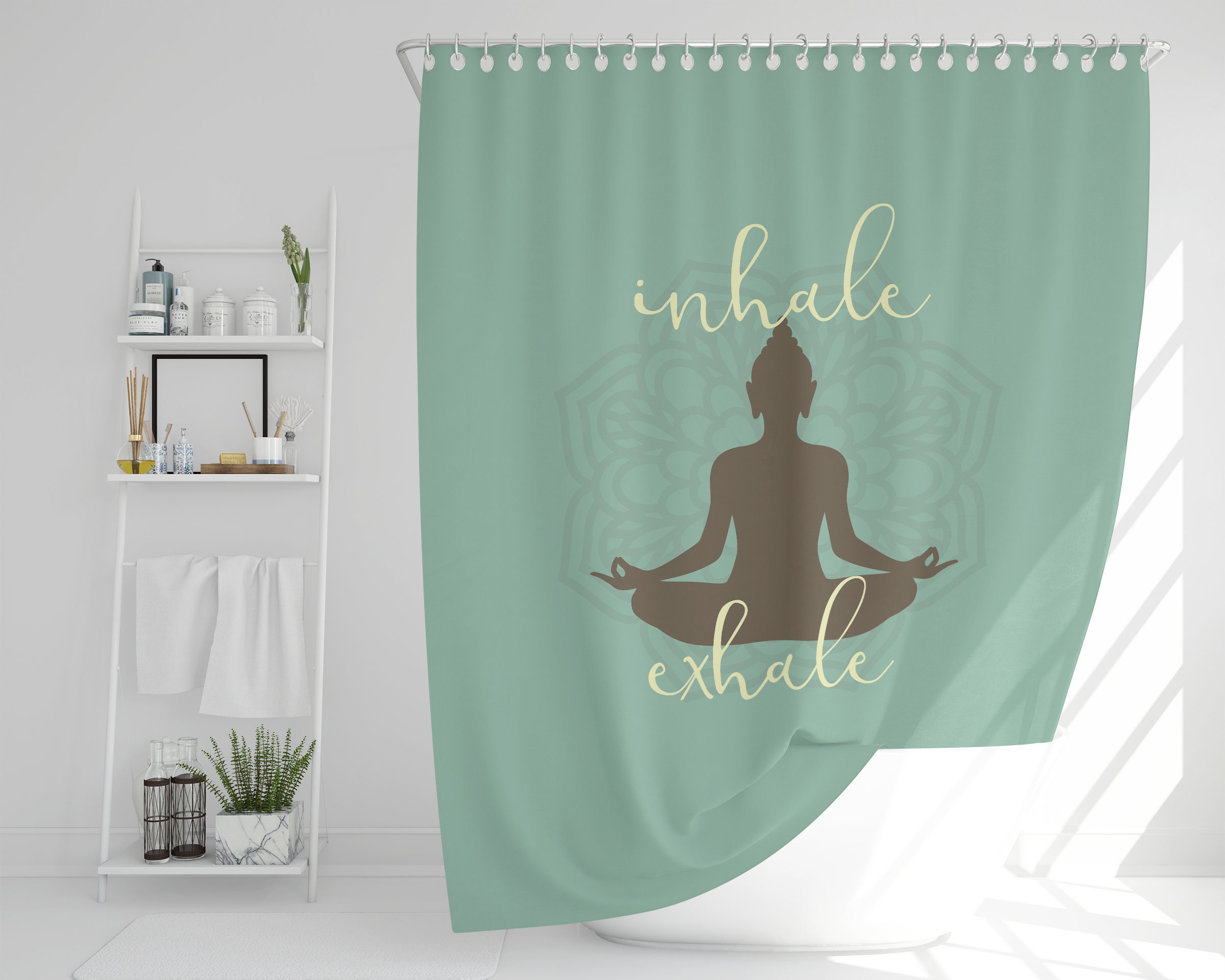 Zen Yoga Shower Curtain, Inhale Exhale Mandala Sukhasana Pose Buddha Silhouette Bath Decor, Yoga Lover Housewarming Gift