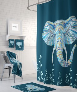 oscuro Teal Boho Elefante Cortina de Ducha Opcional, Toallas de BaÃ±o Mat Juego de with Travel Shower Curtain Print