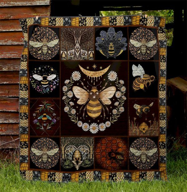 Aesthetic Pattern Bee Quilt Blanket with Quotes, Bed Set Queen