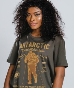 Antartic Adventure Unisex Tees featuring a vintage design of an adventurer in Antarctica, perfect for adventure lovers
