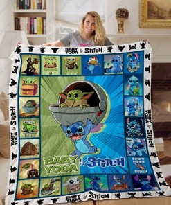 Baby Yoda and Stitch Special Ver Quilt Blanket with Quotes, Bed Set Vintage