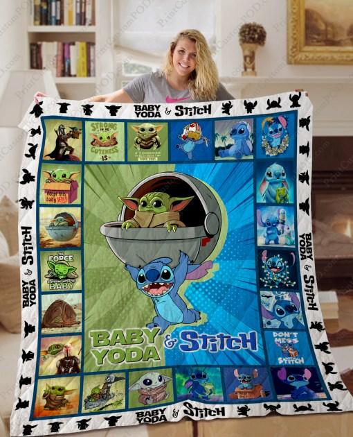 Baby Yoda and Stitch Special Ver Quilt Blanket with Quotes, Bed Set Vintage