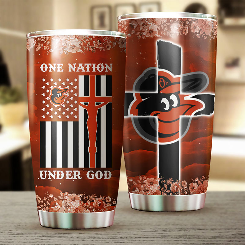 Baltimore Orioles MLB Tumbler with patriotic One Nation Under God quote and MLB logo