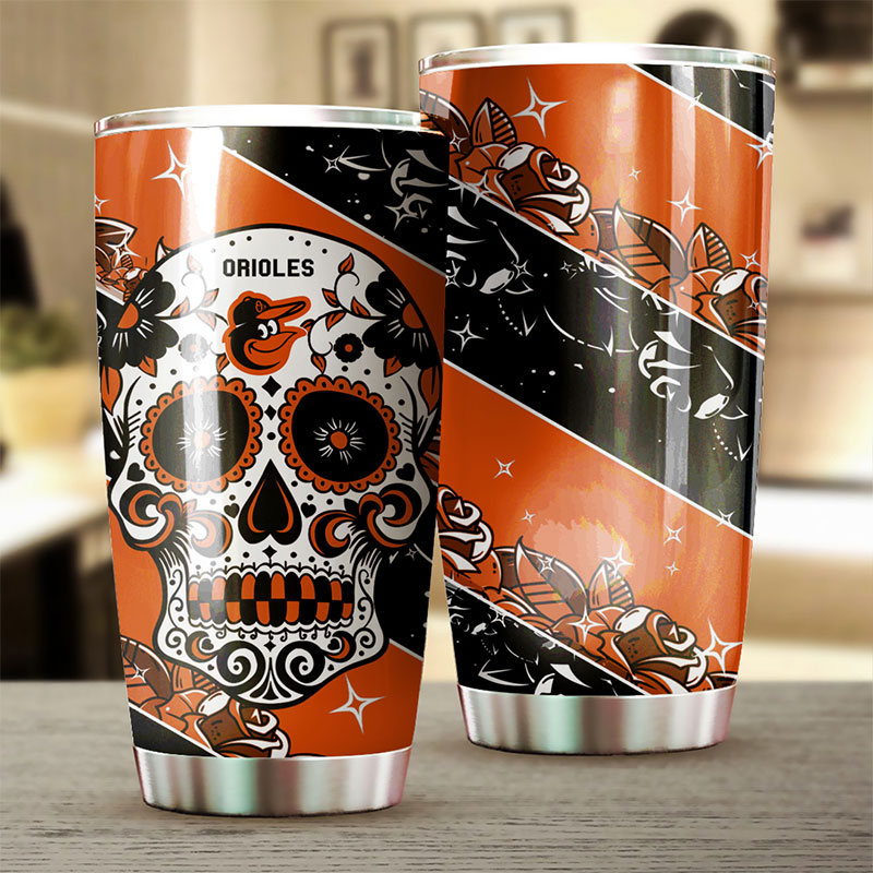Baltimore Orioles MLB Tumbler with skull design and MLB logo for unique style - Image 2
