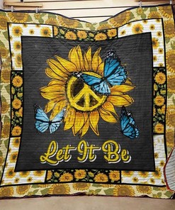 Blue Butterfly Peace Symbol Sunflower Hippie Quilt Blanket - Bohemian and Peaceful Blanket for Your Home