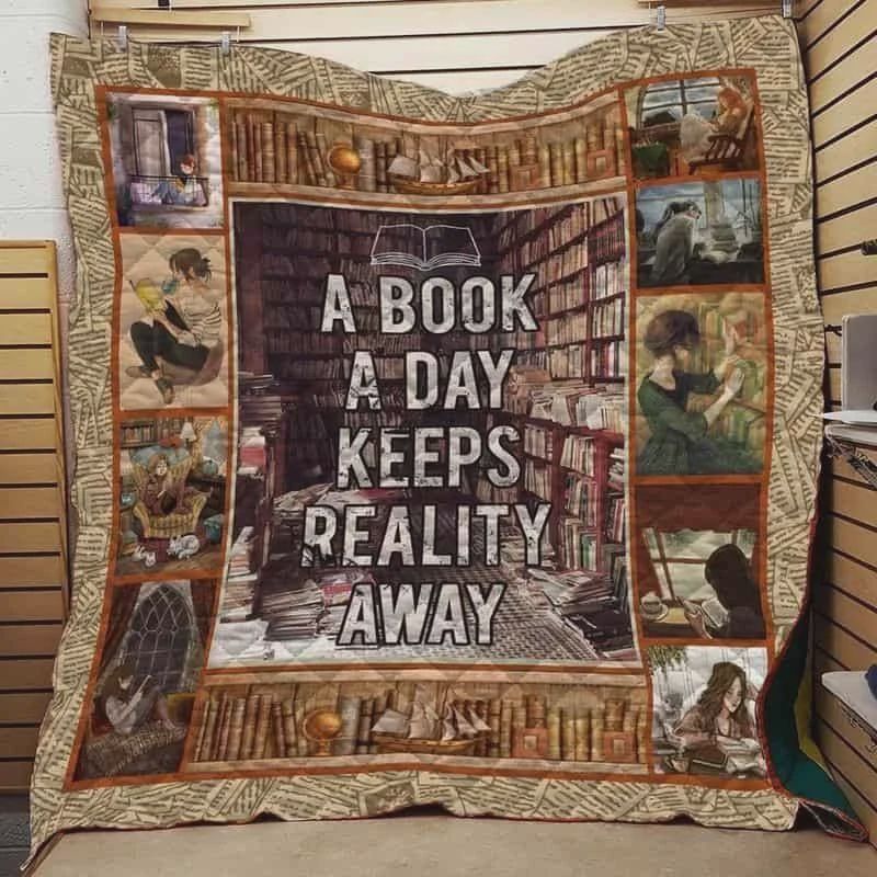 Book And Day Keep Reality Away Quilt Blanket with Inspirational Quote