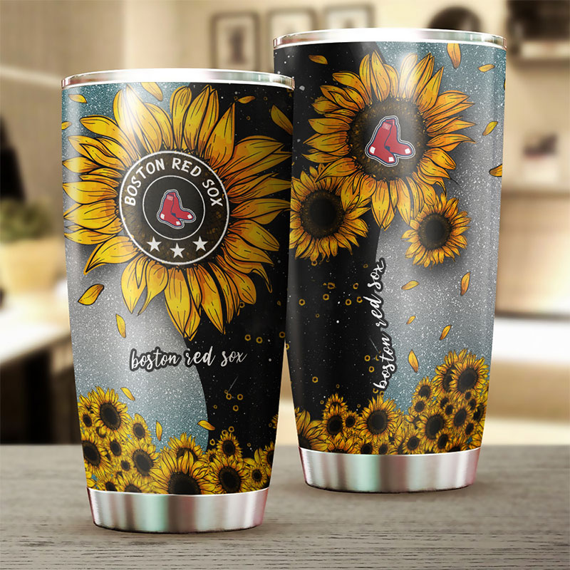 Boston Red Sox MLB Tumbler for sunshine lovers with sunflower design and custom MLB logo