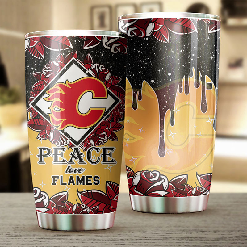 Calgary Flames NHL Tumbler with Peace, Love, and Hockey Grunge Design - Perfect Gift for Sports Fans - Image 2