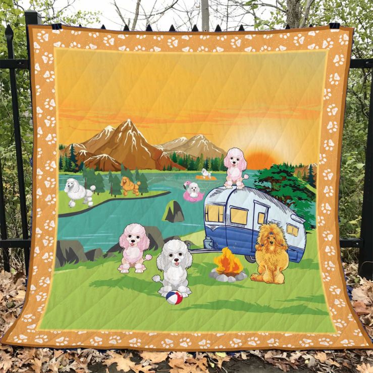 Camping Standard Poodle By The River Quilt Bedding Set