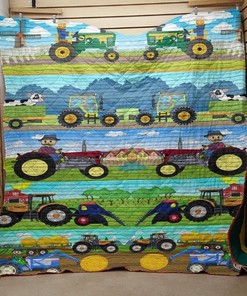 Cartoon Tractor On The Farm Quilt Blanket: A Perfect Addition To Any Rural Themed Room