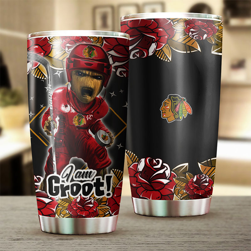 Chicago Blackhawks NHL Tumbler - "I Am Groot" Marvel Design Tumbler - Image 2