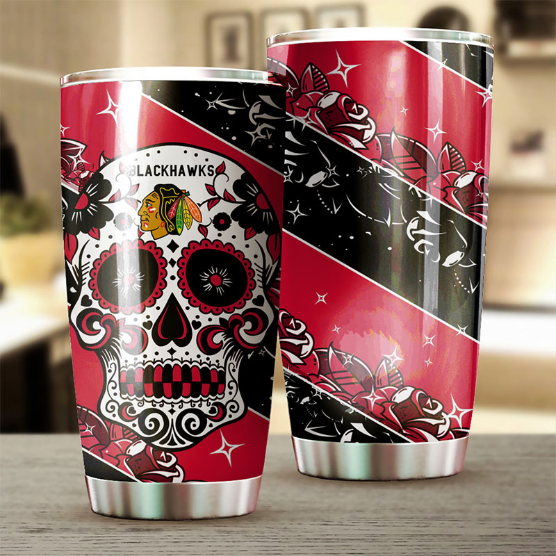Chicago Blackhawks NHL Tumbler: Skull Design Tumbler for NHL Fans, Perfect for Game Nights