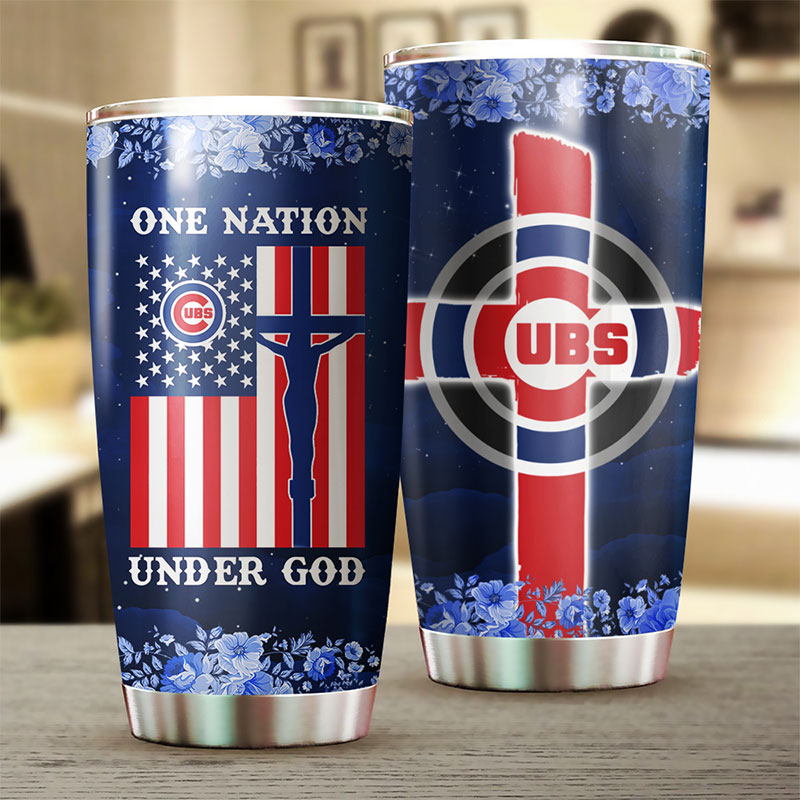 Chicago Cubs MLB Tumbler with patriotic One Nation Under God quote and custom MLB logo