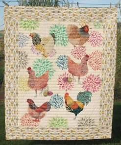 Chicken on Floral Yard Quilt Blanket for Garden and Animal Lovers