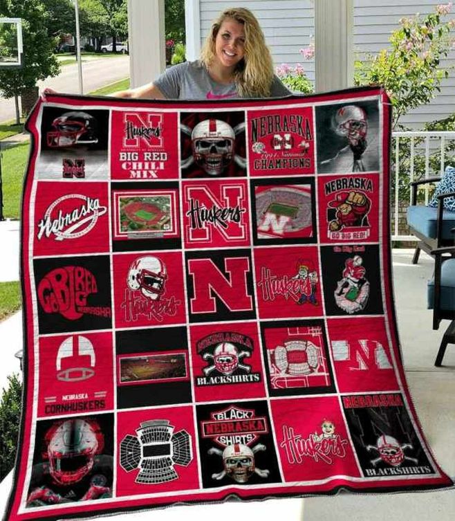 Chili Mix Ncaa Nebraska Cornhuskers Green Quilt Bedding Set with Soft Quilt Blanket
