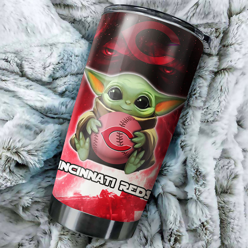 Cincinnati Reds MLB Tumbler with Baby Yoda Design and MLB Logo - Image 2