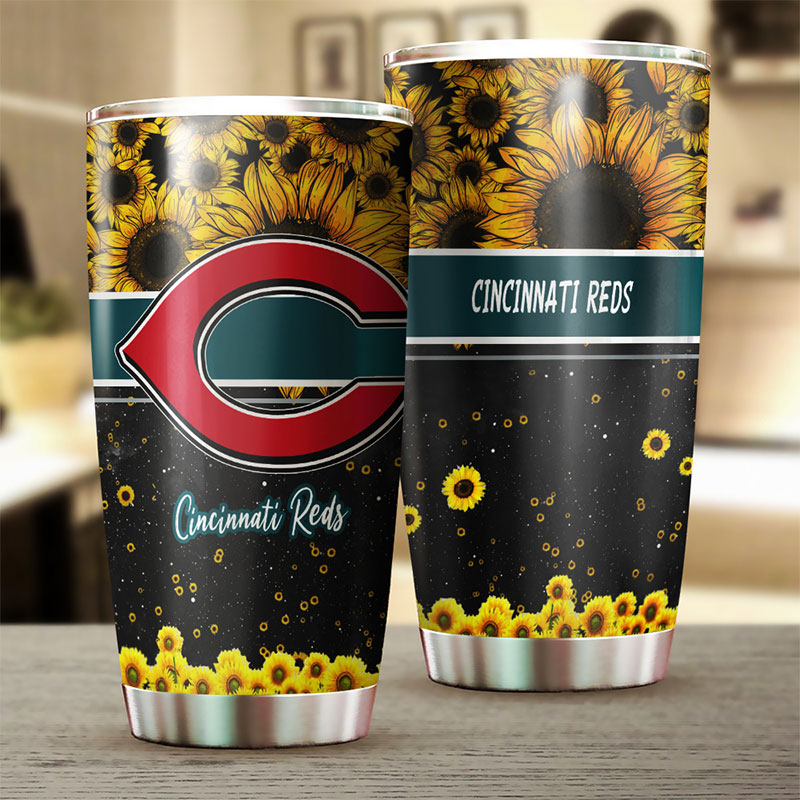 Cincinnati Reds MLB Tumbler with Beautiful Sunflower Design and MLB Logo