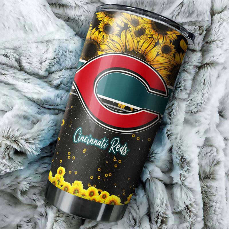 Cincinnati Reds MLB Tumbler with Beautiful Sunflower Design and MLB Logo - Image 2