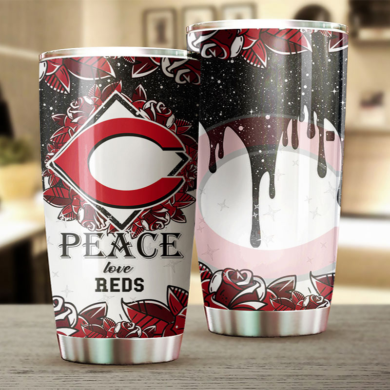Cincinnati Reds MLB Tumbler with Peace Love Design and MLB Logo