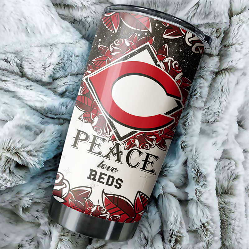 Cincinnati Reds MLB Tumbler with Peace Love Design and MLB Logo - Image 2