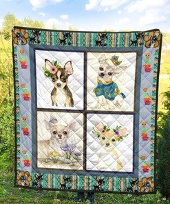 Cute Chihuahua with Flowers Quilt Blanket for Dog Lovers
