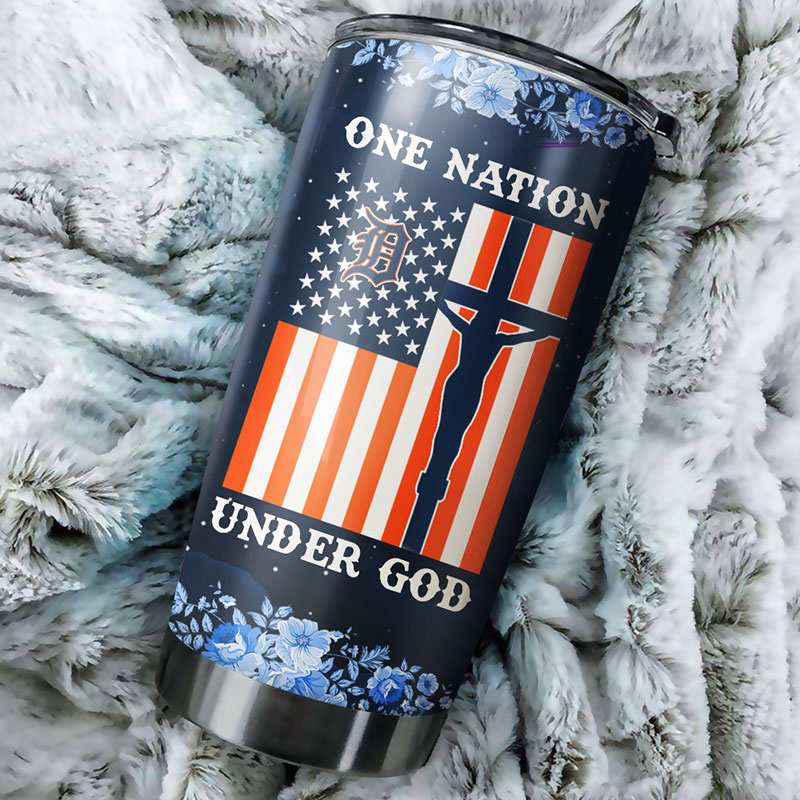 Detroit Tigers MLB Tumbler with patriotic One Nation Under God quote and MLB logo